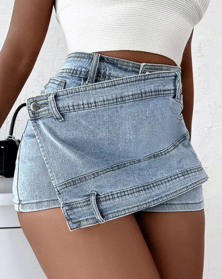 Light Blue Front view Woman's Jean Shorts with A-symmetric hem line and vintage design in various colours.