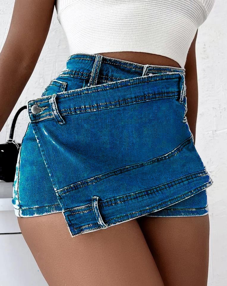 Dark Blue Front view Woman's Jean Shorts with A-symmetric hem line and vintage design in various colours.