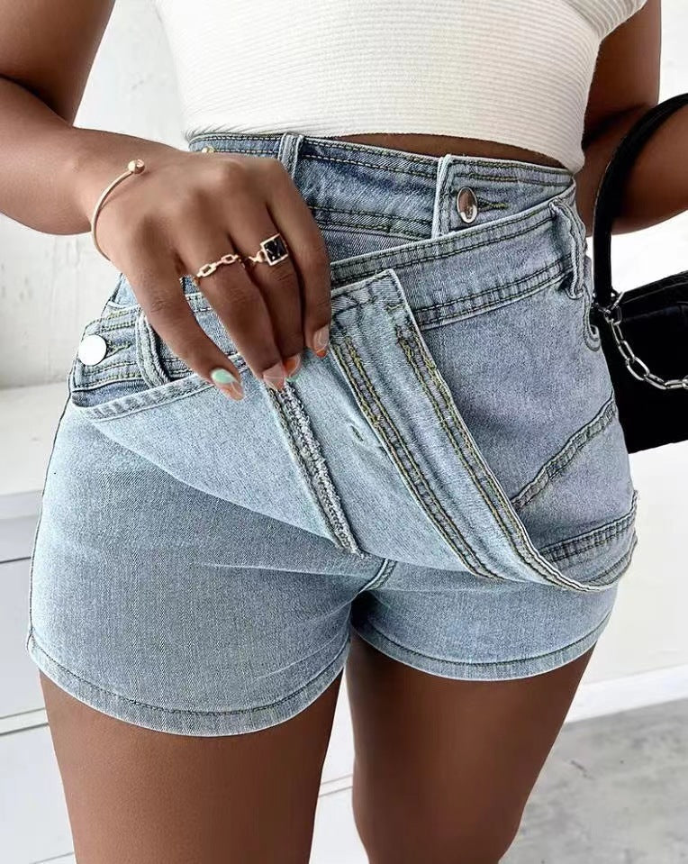 Light Blue Front view Woman's Jean Shorts with A-symmetric hem line and vintage design in various colours.