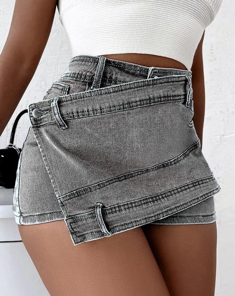 Grey Front view Woman's Jean Shorts with A-symmetric hem line and vintage design in various colours.