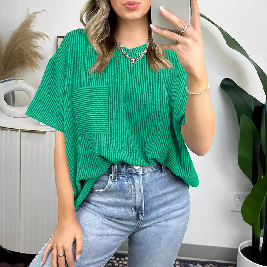 Contrast Color Wave Striped Short Sleeve Top