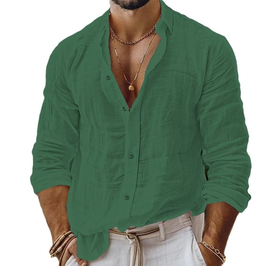 Men's Solid Colour Cotton Linen Shirt Casual Style Long Sleeve