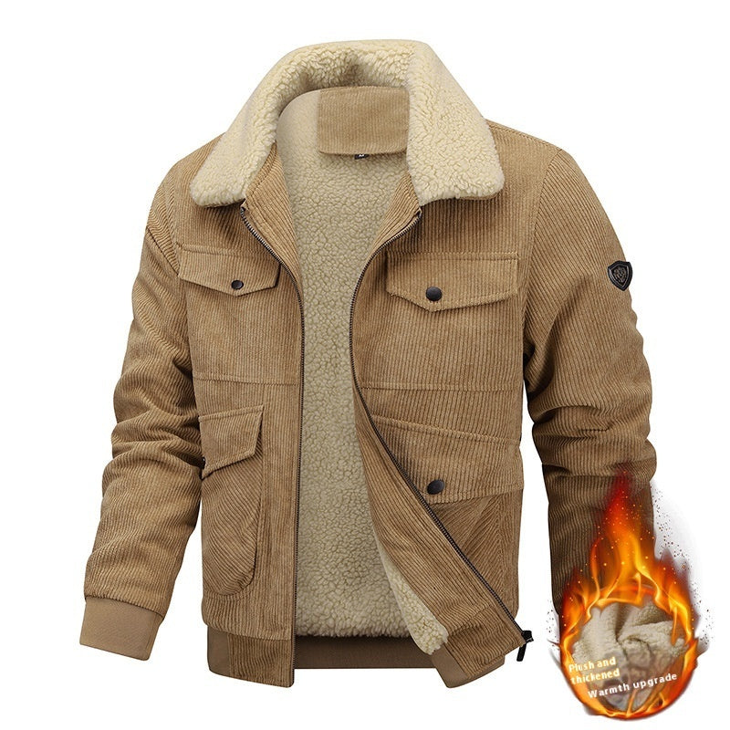 Men's Winter Lapel Fleece Jacket With Pockets Warm Thicken Cotton