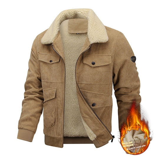 Men's Winter Lapel Fleece Jacket With Pockets Warm Thicken Cotton