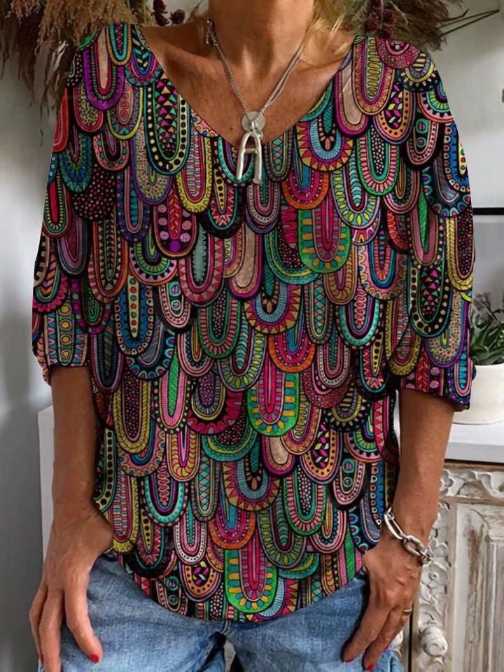 V-neck T-shirt Loose Casual Long Sleeves Printed Comfortable Slim-fitting Simple All-match