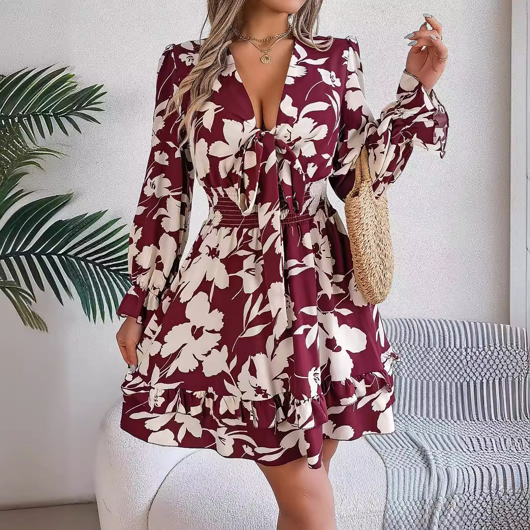 New Floral Printed V-Neck Long Sleeve Dress