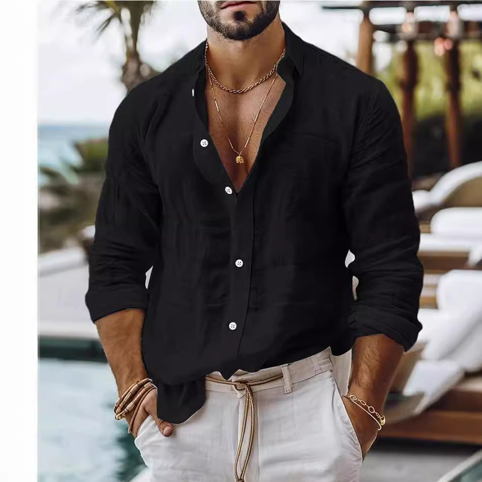 Men's Solid Colour Cotton Linen Shirt Casual Style Long Sleeve
