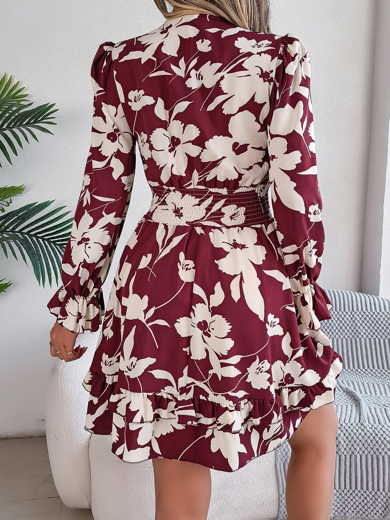 New Floral Printed V-Neck Long Sleeve Dress