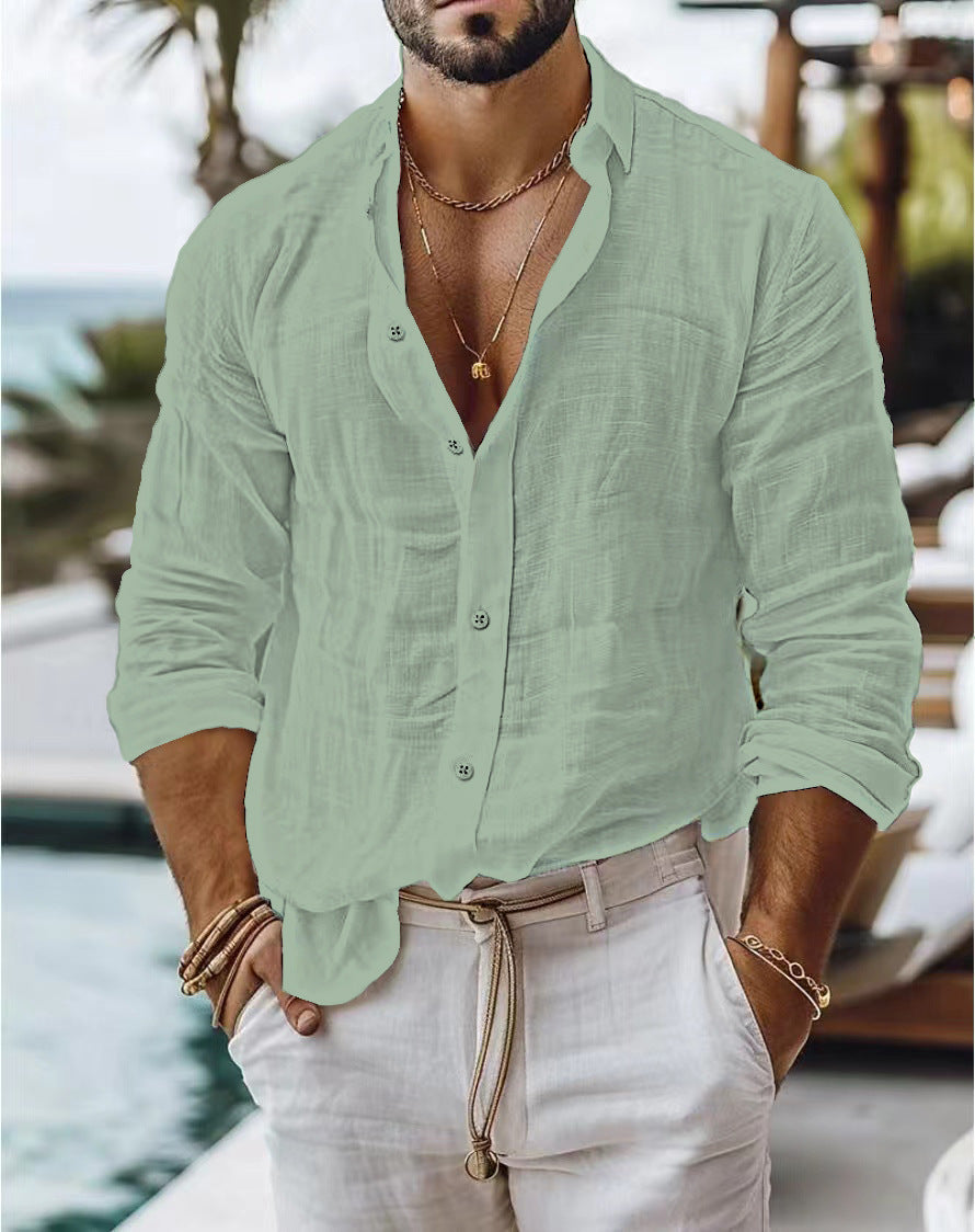 Men's Solid Colour Cotton Linen Shirt Casual Style Long Sleeve