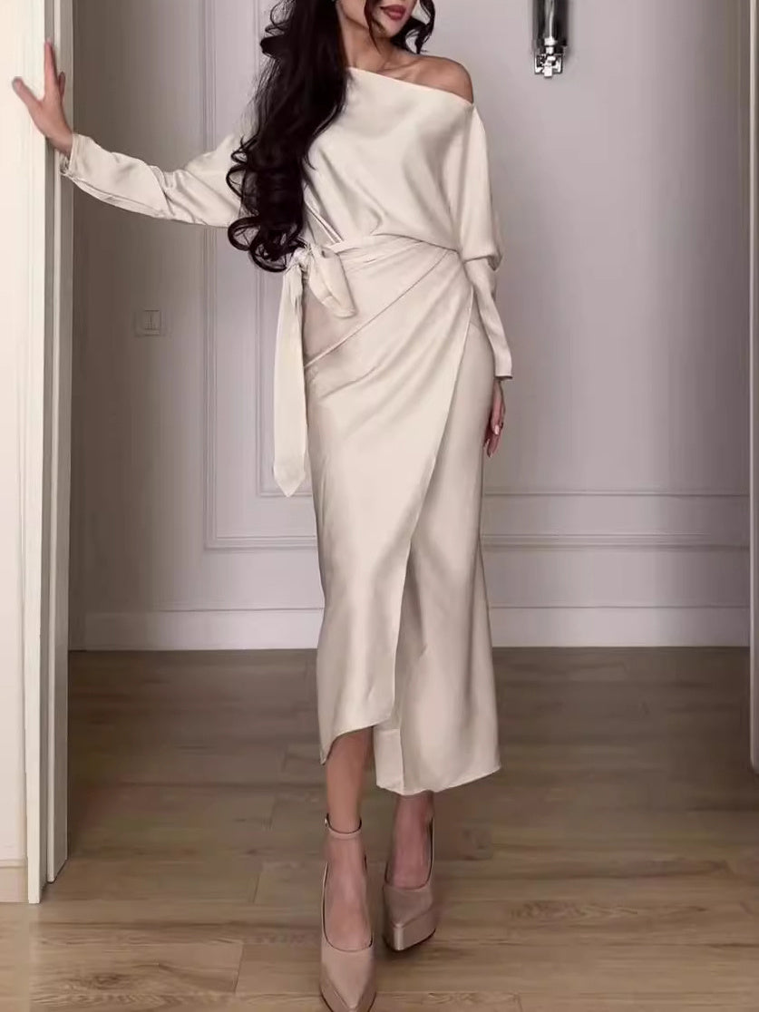 Solid Color Slope Neck Layered Long Sleeve Dress