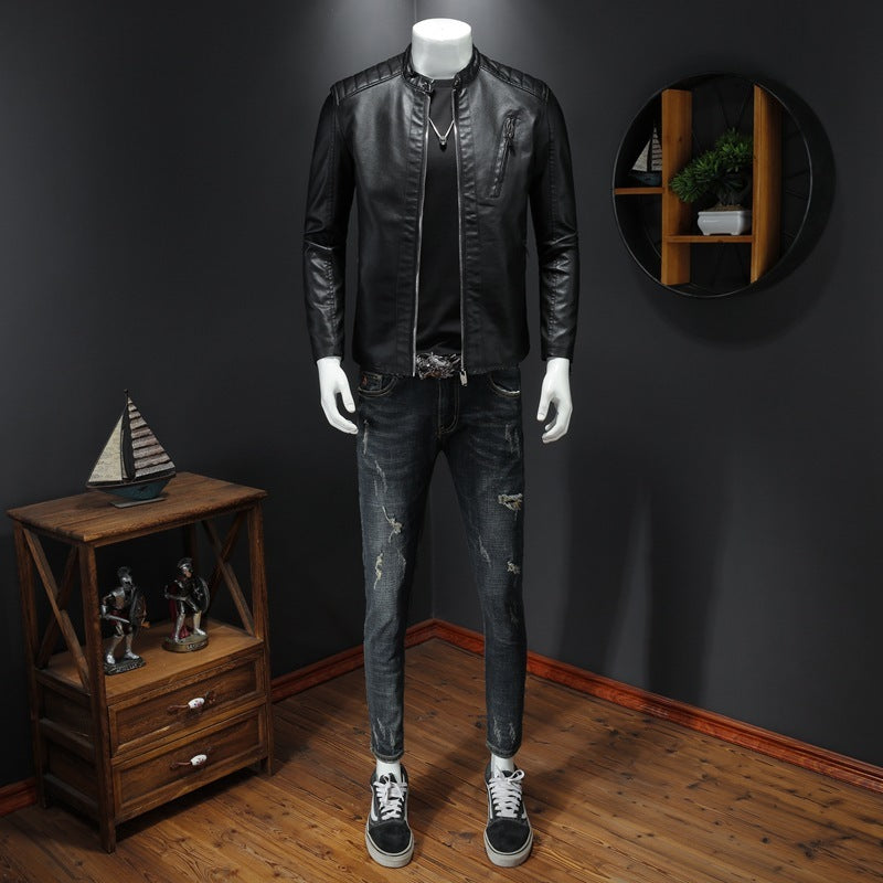 Men's Leather Jacked With Stand Collar