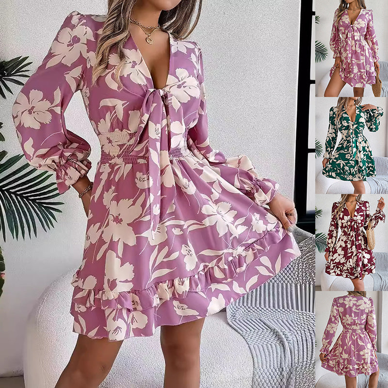 New Floral Printed V-Neck Long Sleeve Dress