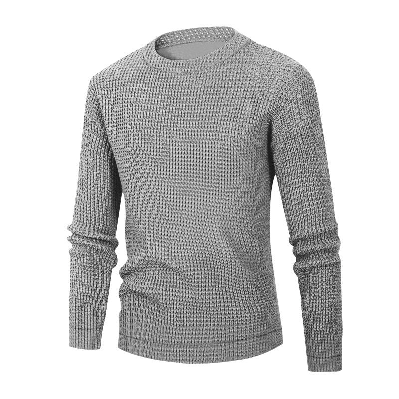 Men's Solid Colour Waffle Autumn Long Sleeve Round Neck Base Sweater