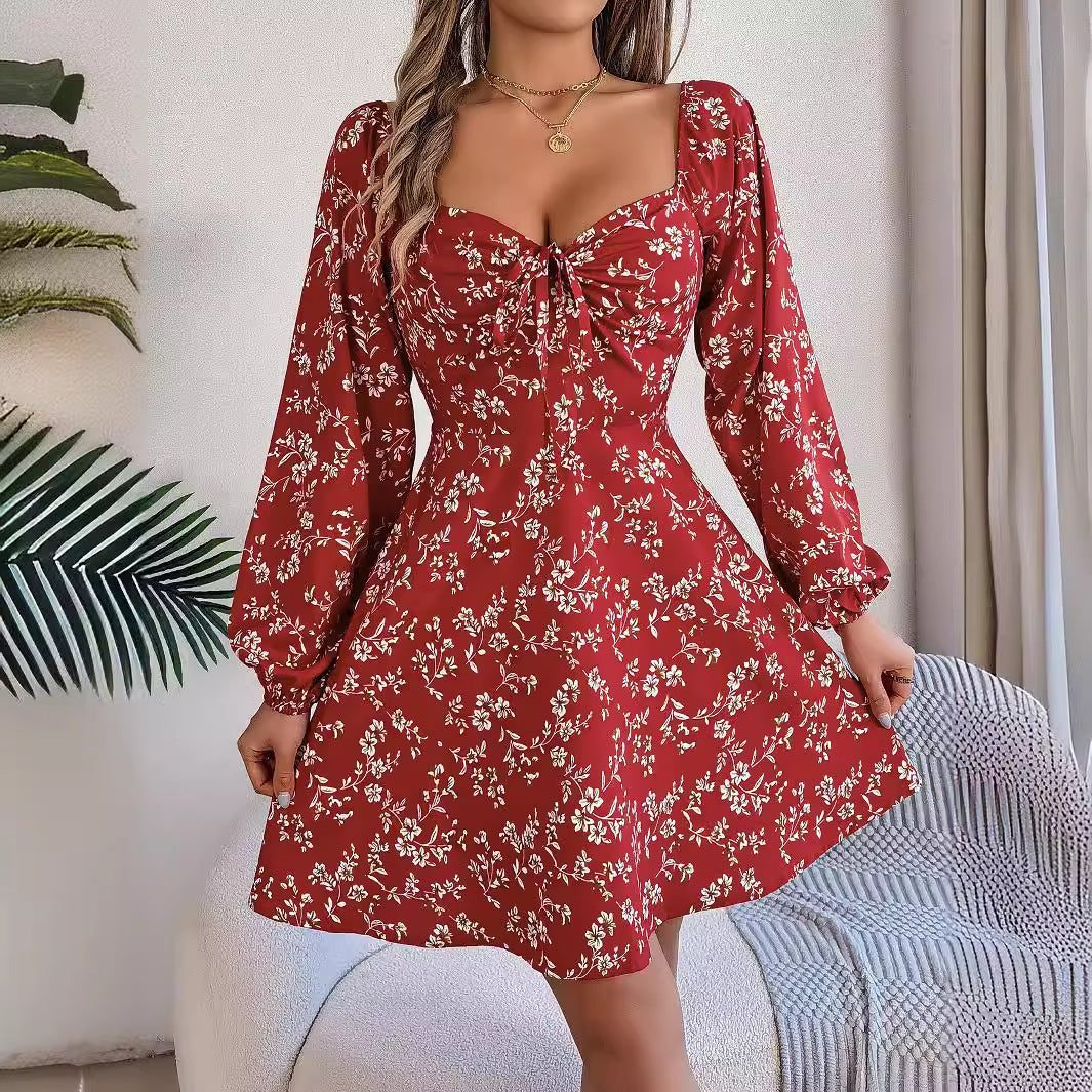 Fashion Floral Print Lantern Sleeve A-Line Dress
