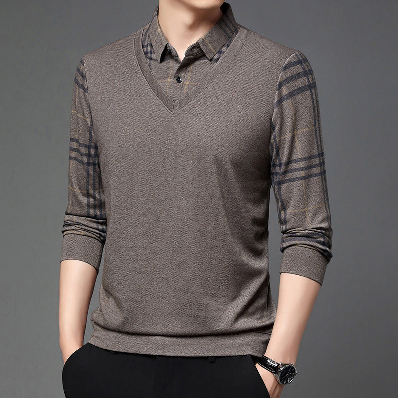 Men's Fake Two-piece Lapel Long-sleeved T-shirt