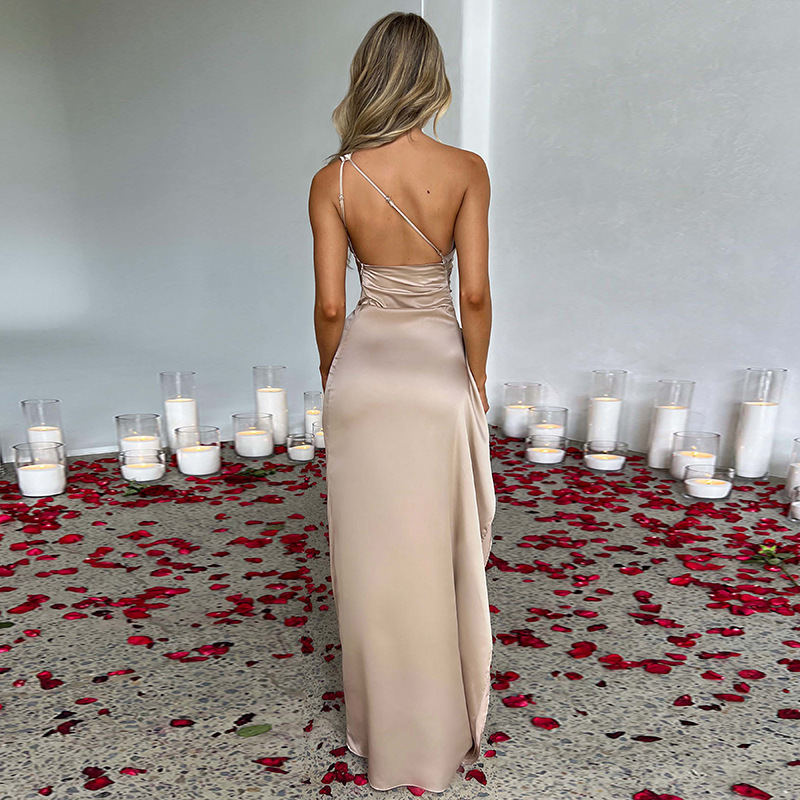 Apricot back view wedding and cocktail party dress from high quality satin fabric with one-shoulder and backless design.
