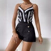 Striped Spaghetti Straps Lotus Leaf Top And Shorts Two-piece Set