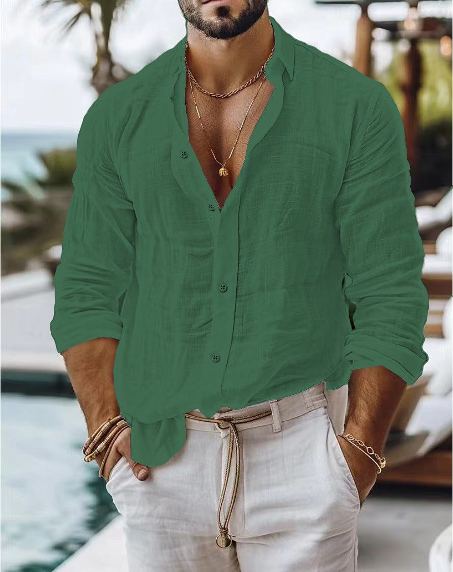 Men's Solid Colour Cotton Linen Shirt Casual Style Long Sleeve