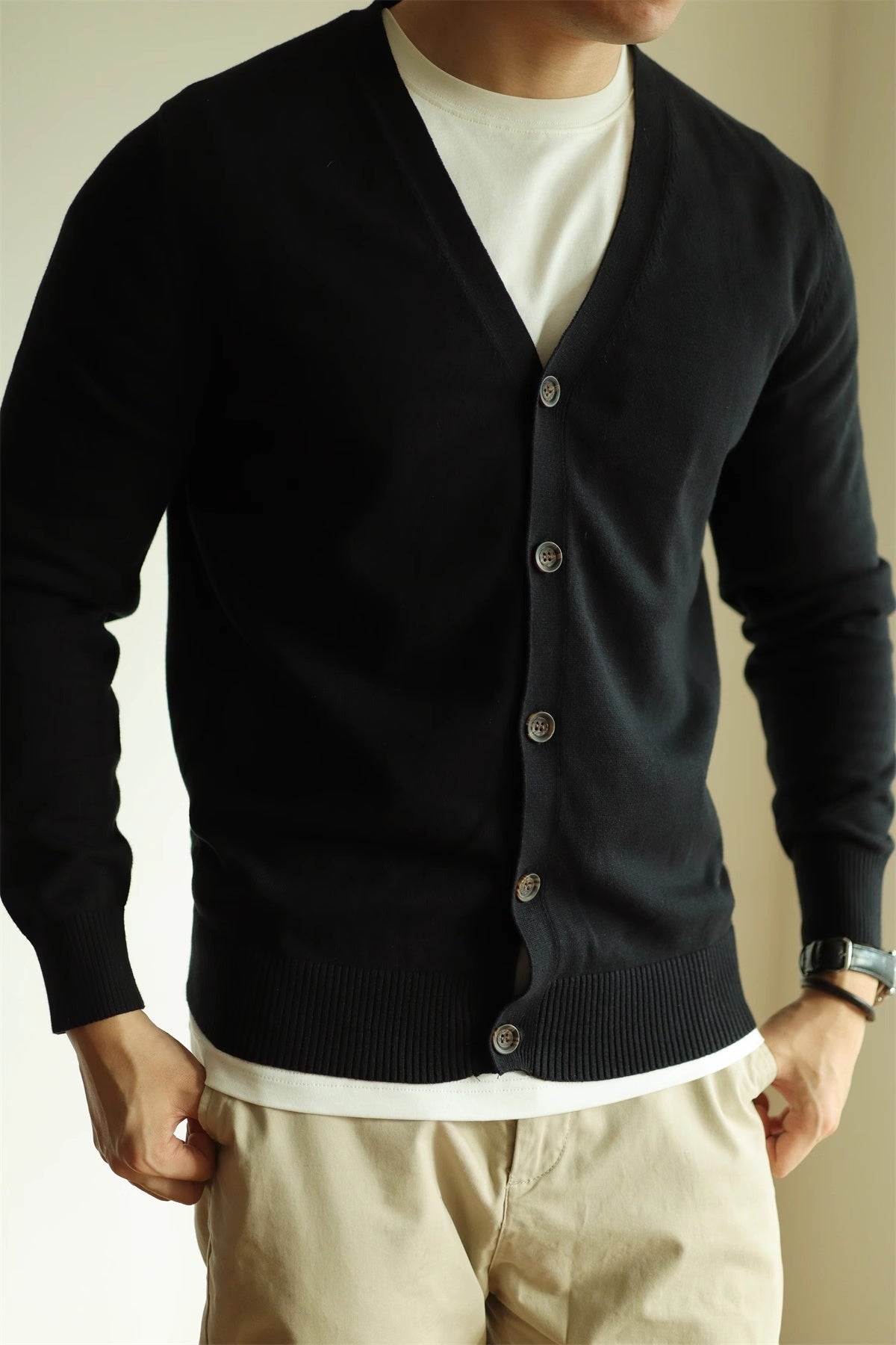 Men's Cotton Knit Cardigan Coat Slim-fit Long Sleeve Solid Color And V-neck