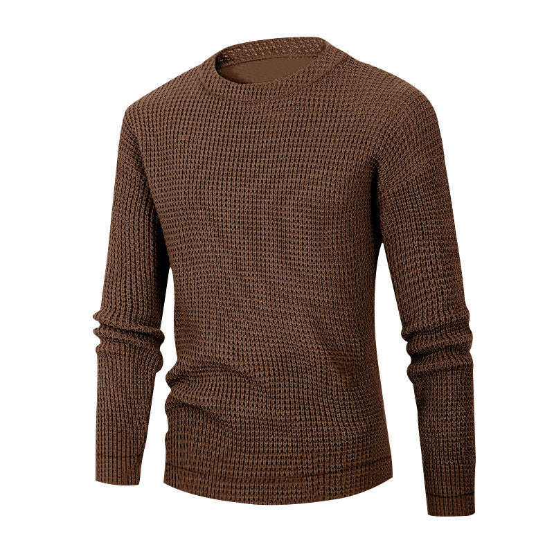 Men's Solid Colour Waffle Autumn Long Sleeve Round Neck Base Sweater
