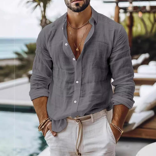 Men's Solid Colour Cotton Linen Shirt Casual Style Long Sleeve
