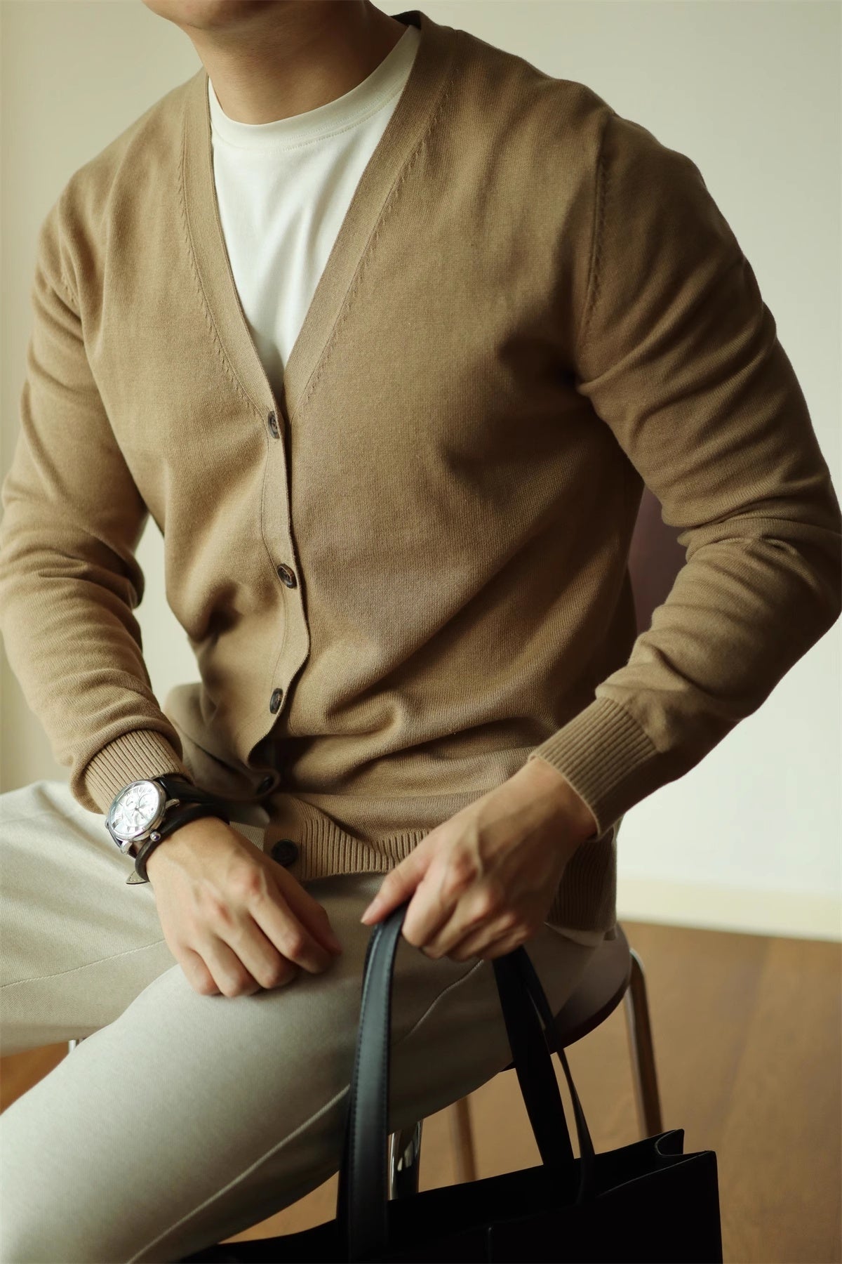 Men's Cotton Knit Cardigan Coat Slim-fit Long Sleeve Solid Color And V-neck