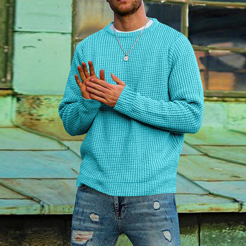 Men's Solid Colour Waffle Autumn Long Sleeve Round Neck Base Sweater