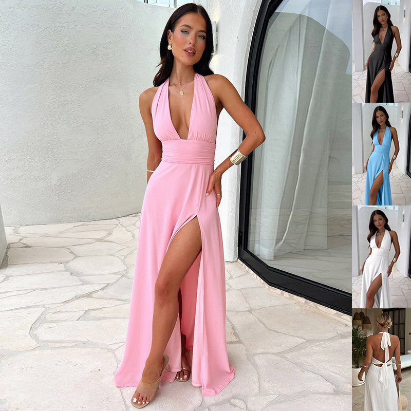 Front Pink Backless Summer Dress with Thigh High Slit and beautiful V-Neckline Design, perfect for wedding bridesmaids, formal events and summer Parties.