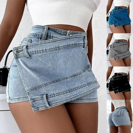 Front Woman's Jean Shorts with A-symmetric hem line and vintage design in various colours.
