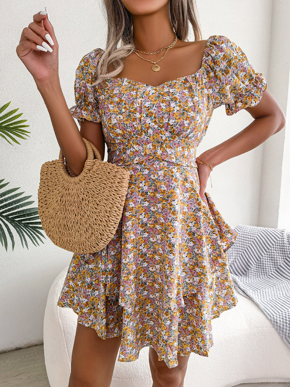 Women's Mini Dress with Flower Print and Big Swing Hem