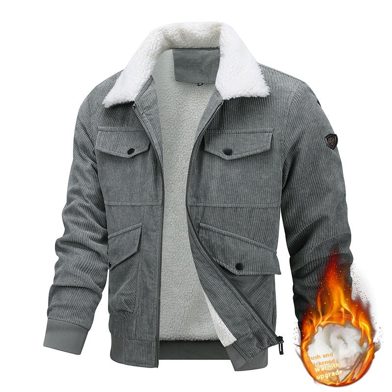 Men's Winter Lapel Fleece Jacket With Pockets Warm Thicken Cotton