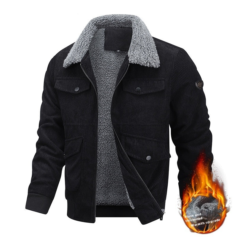 Men's Winter Lapel Fleece Jacket With Pockets Warm Thicken Cotton