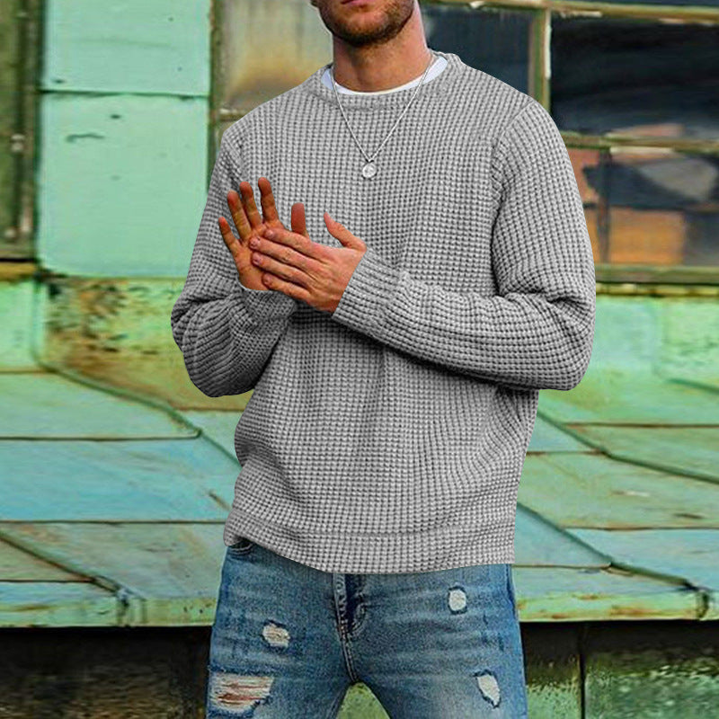 Men's Solid Colour Waffle Autumn Long Sleeve Round Neck Base Sweater
