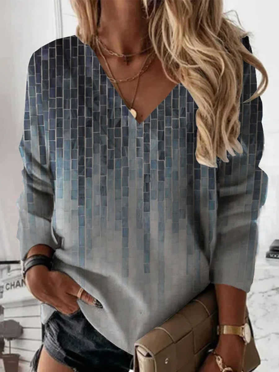 V-neck T-shirt Loose Casual Long Sleeves Printed Comfortable Slim-fitting Simple All-match