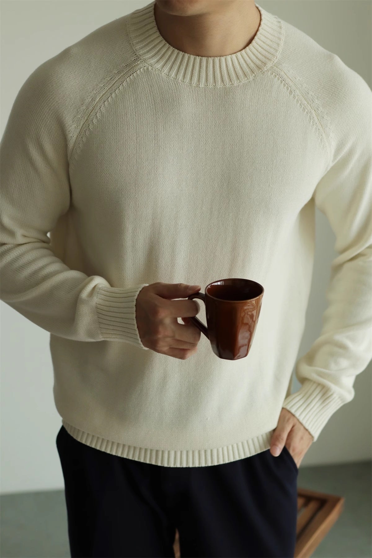 Men's Long-staple Cotton Sweater Sweater Cotton Round Neck Pullover Retro Casual Sweater
