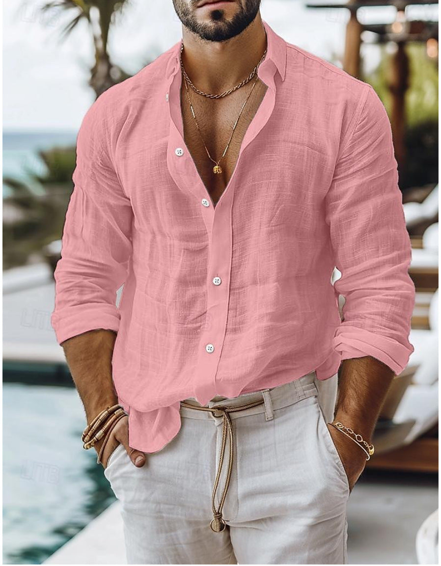 Men's Solid Colour Cotton Linen Shirt Casual Style Long Sleeve