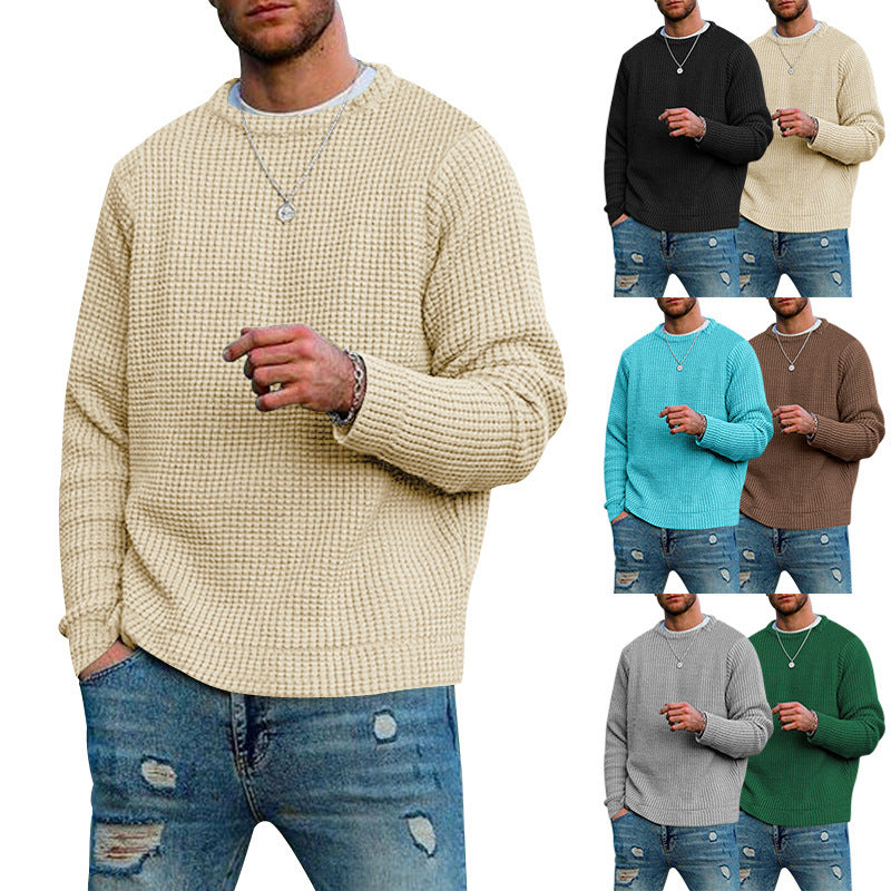 Men's Solid Colour Waffle Autumn Long Sleeve Round Neck Base Sweater