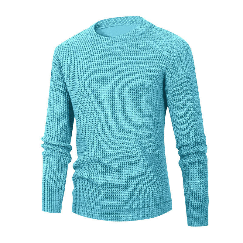 Men's Solid Colour Waffle Autumn Long Sleeve Round Neck Base Sweater