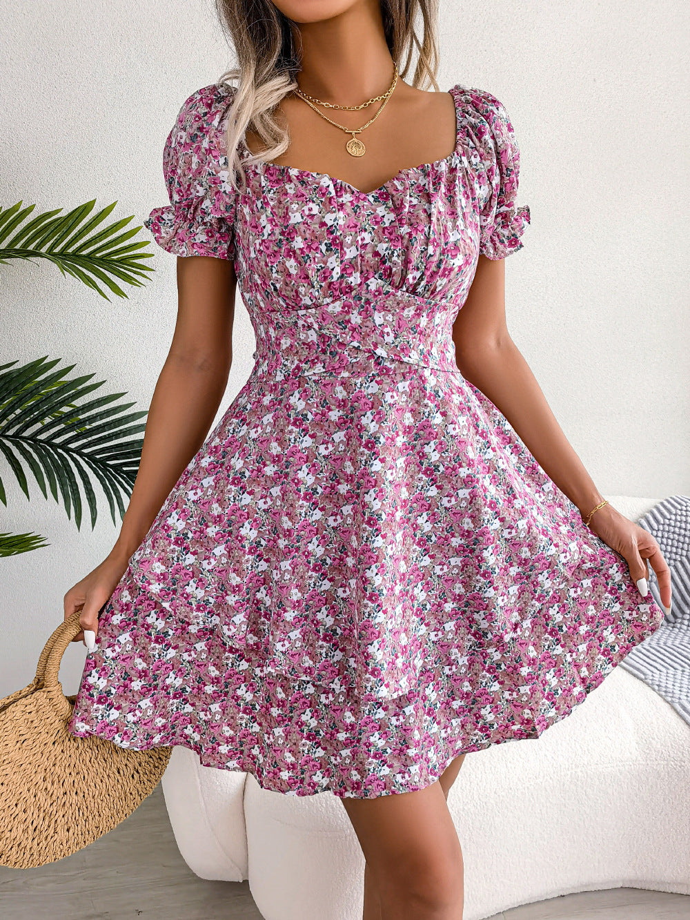 Women's Mini Dress with Flower Print and Big Swing Hem