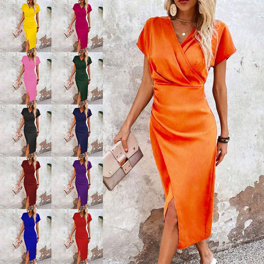 Casual Waist Tight V-neck Fresh Air Sleeve Dress