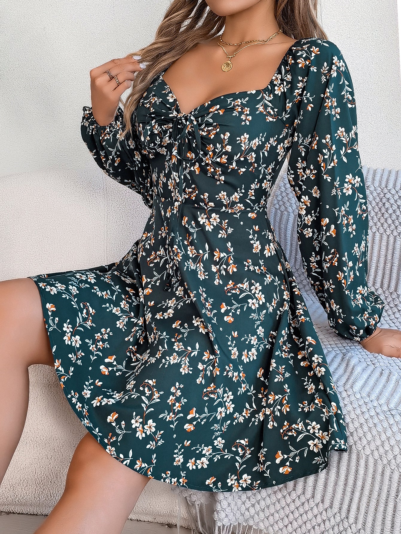 Fashion Floral Print Lantern Sleeve A-Line Dress
