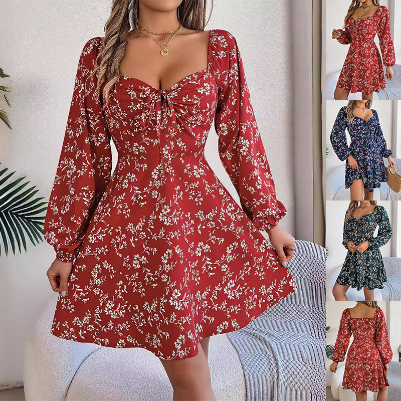 Fashion Floral Print Lantern Sleeve A-Line Dress