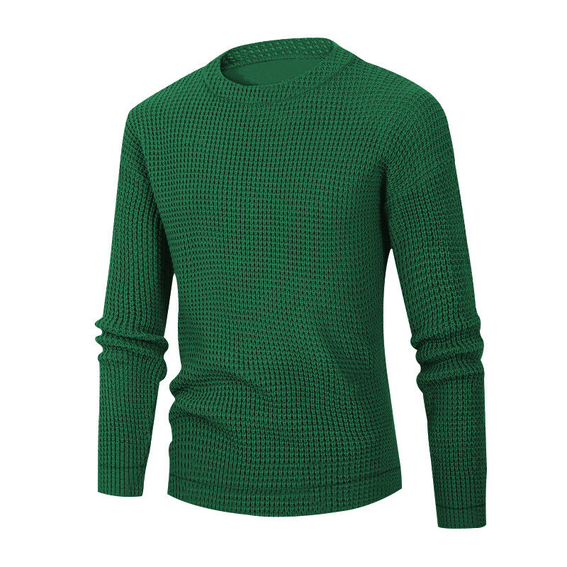 Men's Solid Colour Waffle Autumn Long Sleeve Round Neck Base Sweater