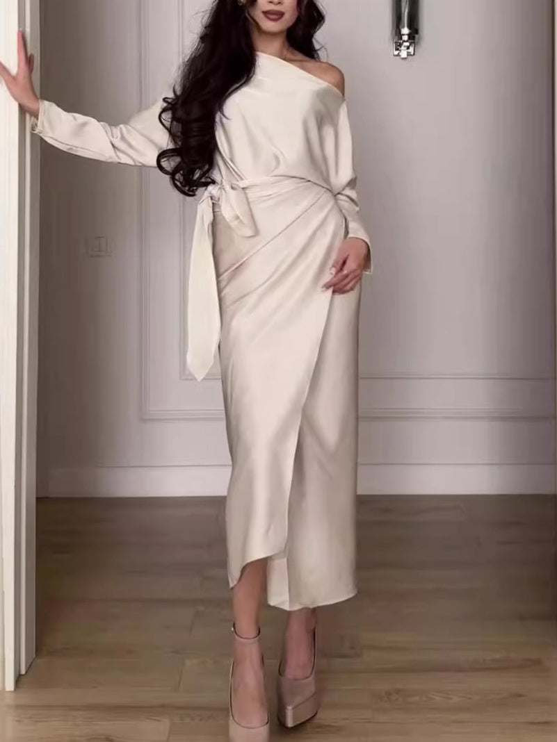 Solid Color Slope Neck Layered Long Sleeve Dress