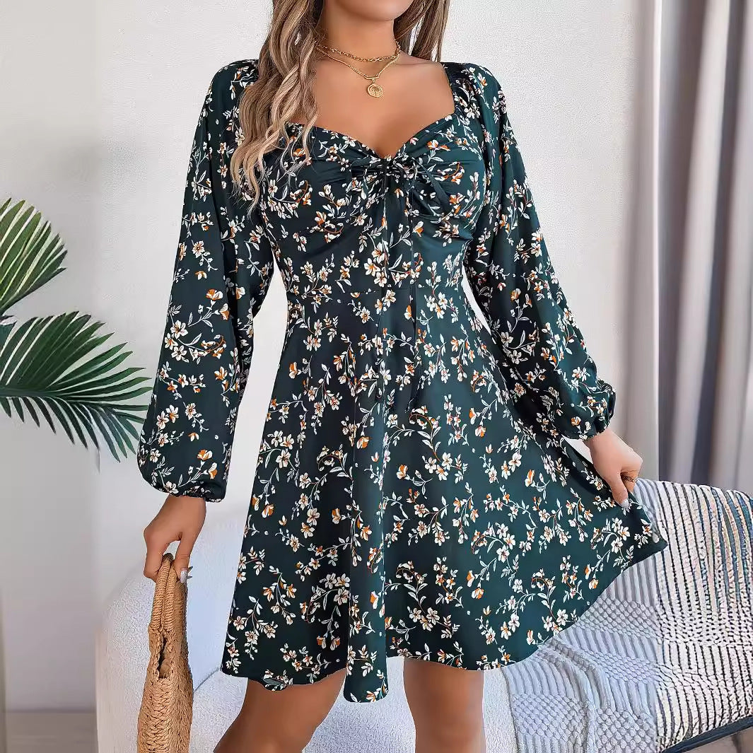 Fashion Floral Print Lantern Sleeve A-Line Dress