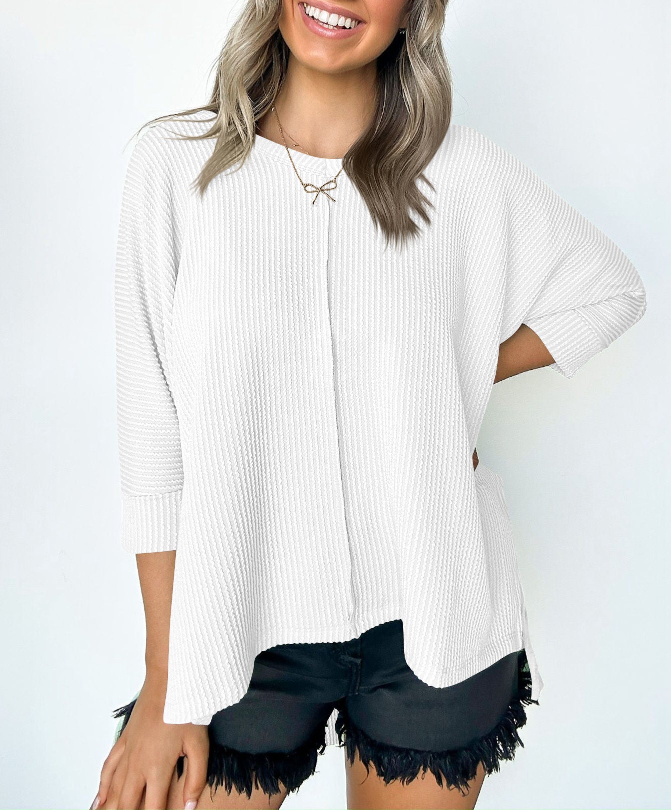 Contrast Color Wave Striped Bat Eight-quarter Sleeve