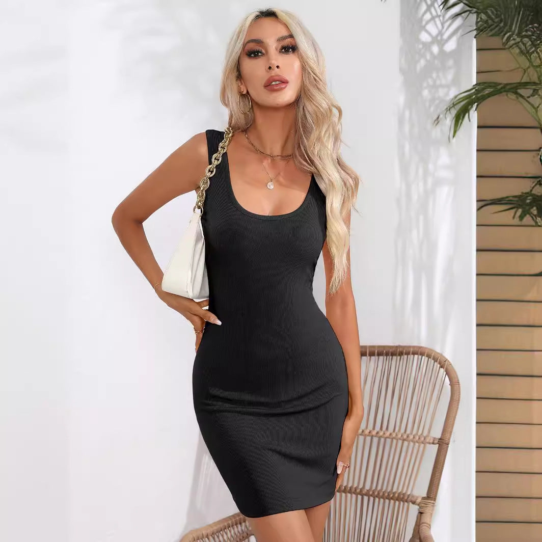 Sunken Stripe U-neck Wrap Short Skirt Sheath Dress