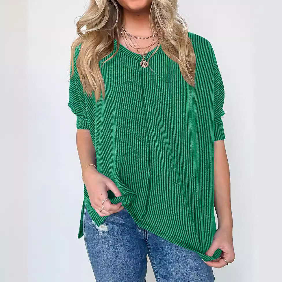 Contrast Color Wave Striped Bat Eight-quarter Sleeve