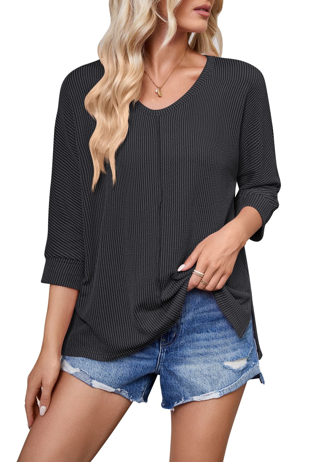 Contrast Color Wave Striped Bat Eight-quarter Sleeve