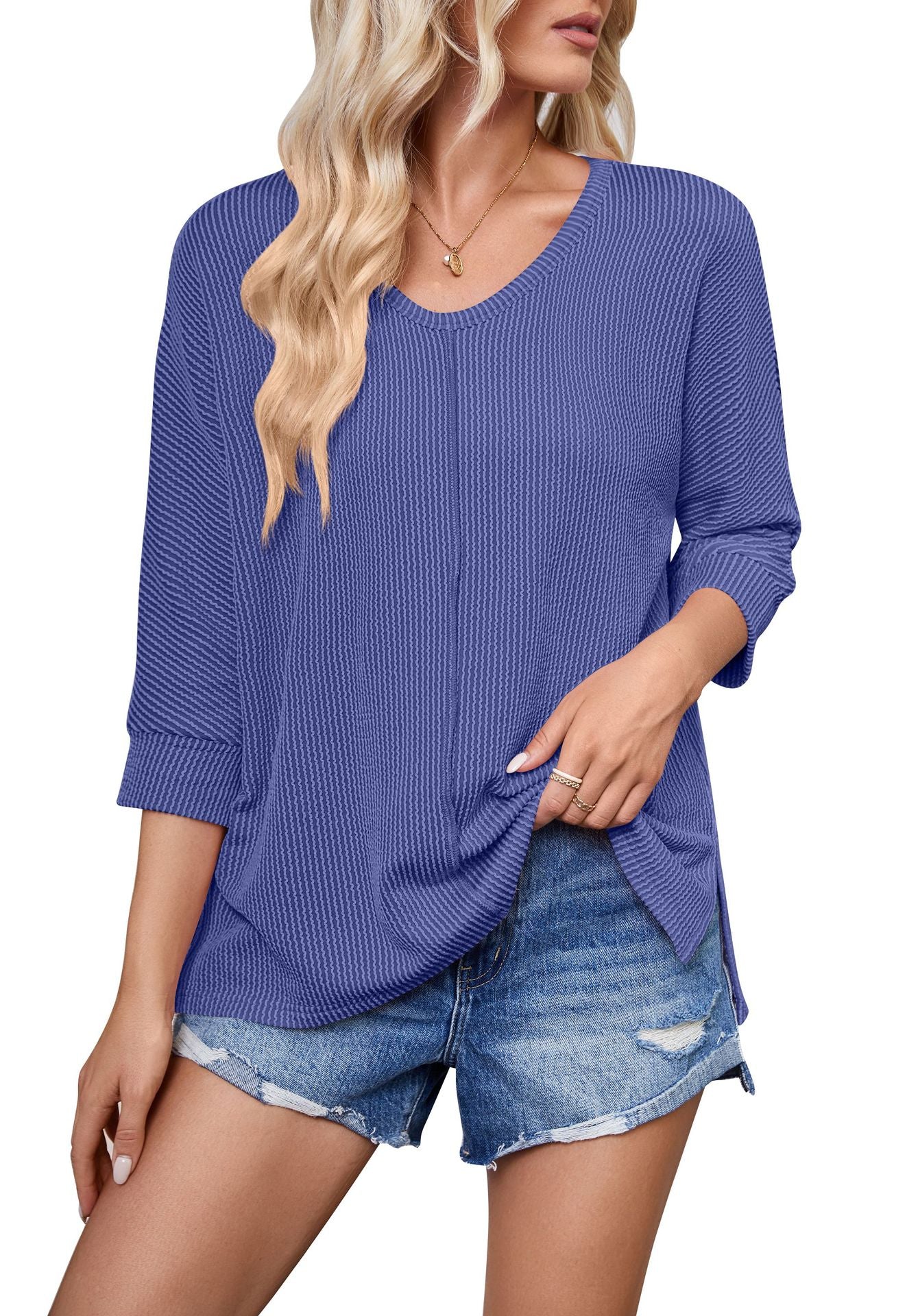 Contrast Color Wave Striped Bat Eight-quarter Sleeve